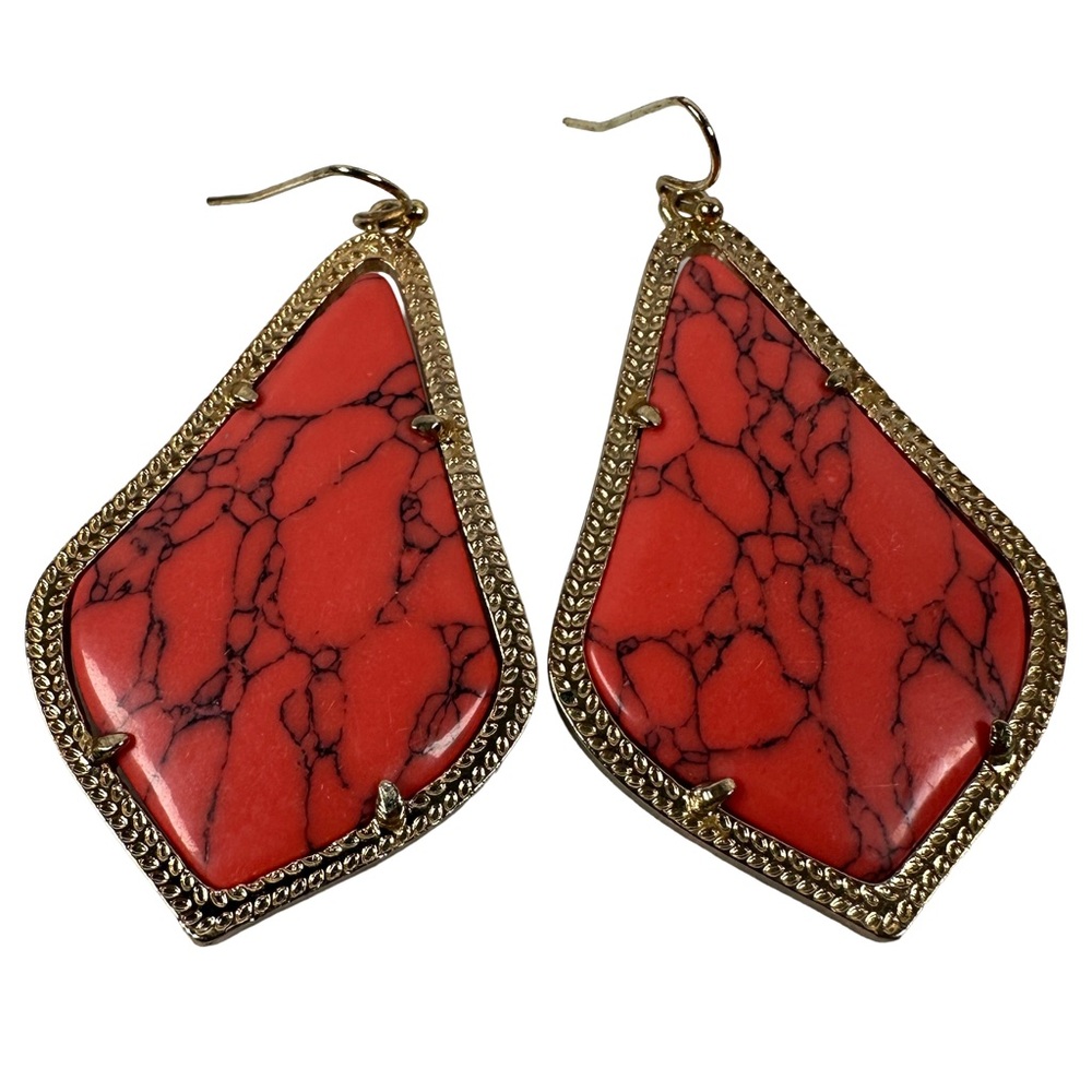 Kendra Scott Alex Coral Gold tear drop Earrings‎ veined stone large pink